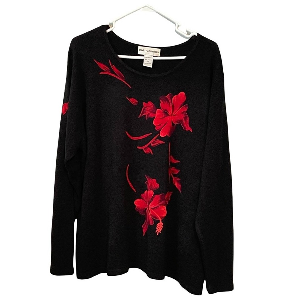 Cathy Daniels Womens 3X Black Red Hibiscus Floral Pullover Acrylic Scoop Sweater